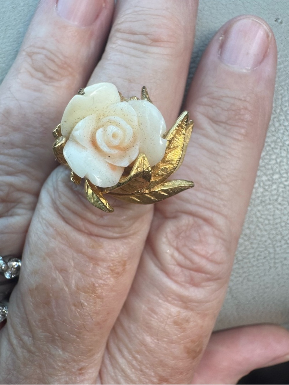 14K Gold Stunning Coral Carved As A Rose Gold Etched Leaves